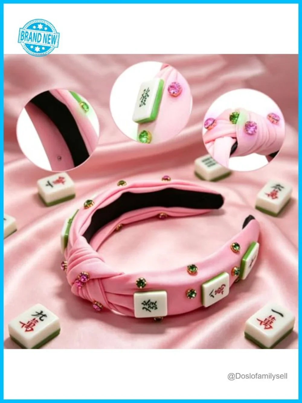 Pink Mahjong Knot Hairband Women Hair Accessories Diamond Crystal Decoration